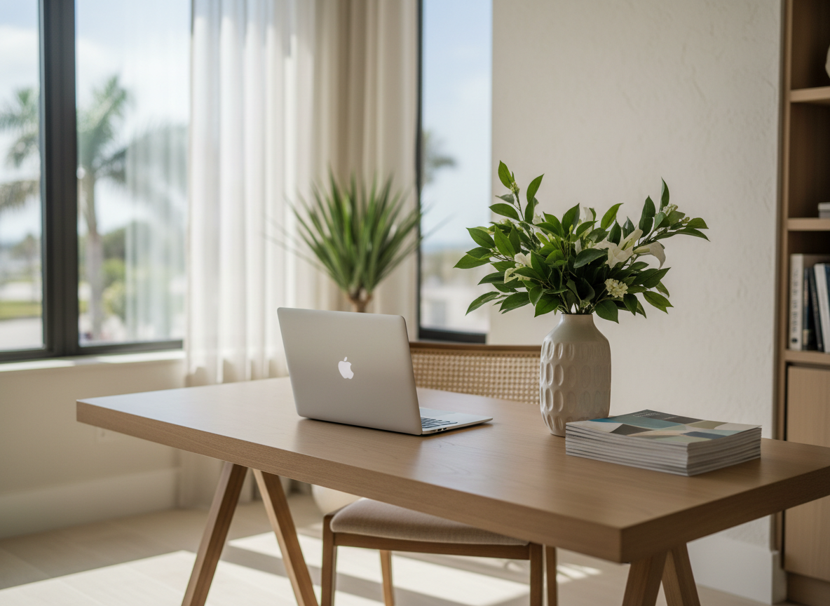 A clean, modern home office corner staged for a Naples real estate professional, featuring a light wood desk with a slim, silver laptop, a tasteful ceramic vase with fresh greenery, and neatly stacked property brochures with abstract, non-readable graphics. The desk sits against a soft off-white wall with a subtle textured finish, while a large window to the side lets in diffused coastal daylight, casting gentle, elongated shadows. Photographic realism, shallow depth of field keeping the workspace in crisp focus while the background softly blurs. The mood is organized, trustworthy, and professional, suggesting the presence of a knowledgeable Realtor without showing people or text, perfect for a “Meet Your Agent” or “Work with Marie Orlando” section.