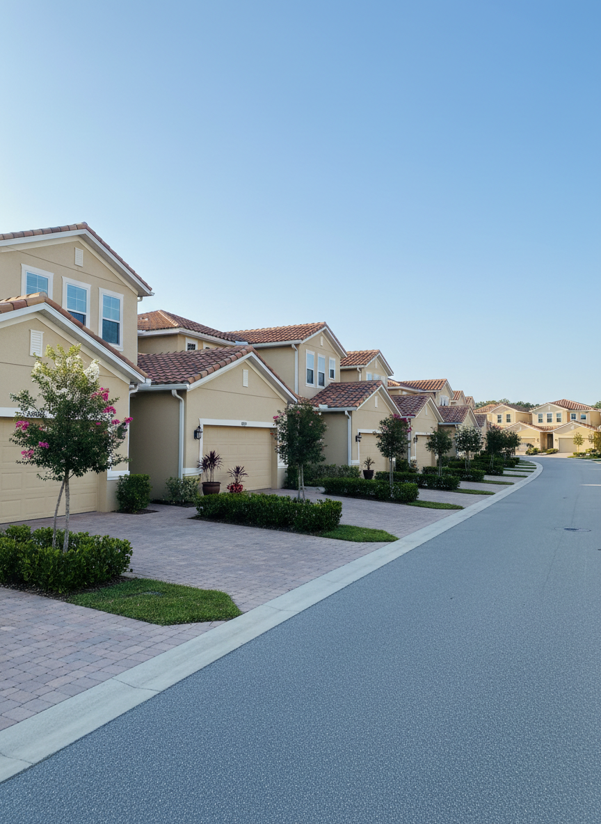 A row of meticulously maintained, attached villa homes in a Naples community, each with soft beige exterior paint, crisp white trim, and complementary barrel tile roofs. Driveways are paved with light brick pavers, flanked by neatly trimmed hedges and small flowering trees. The street curves gently, leading the eye into the distance under a bright, clear Florida sky. Late-morning sunlight illuminates the facades evenly, creating clean, soft shadows along the architectural details. Photographic realism, eye-level street view with a slight angle down the row of homes. The mood is orderly, welcoming, and community-oriented, ideal for illustrating different property styles available in Esplanade by the Islands.