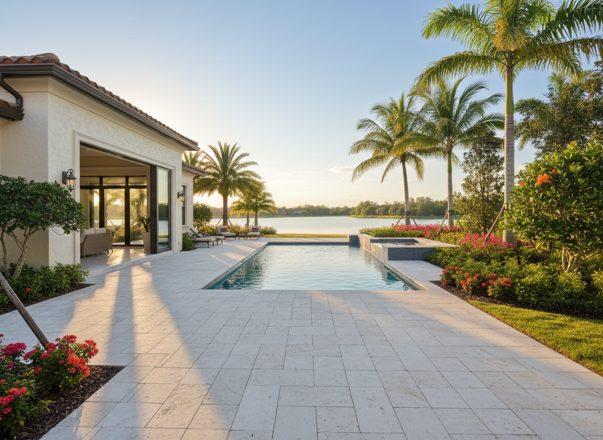 A luxurious Mediterranean-style lakeside home in Esplanade by the Islands, with creamy stucco walls, a soft terracotta tile roof, and expansive glass sliders opening to a sparkling pool and tranquil lake beyond. Manicured tropical landscaping with palms and flowering shrubs surrounds the lanai. Captured in warm late-afternoon light that casts long, soft shadows across the travertine pavers and creates a golden glow on the water. Photographic realism, eye-level composition with a wide-angle lens, sharp focus throughout. The mood is inviting and serene, showcasing premium Naples real estate in a clean, professional way, ideal as a hero image for a real estate website.