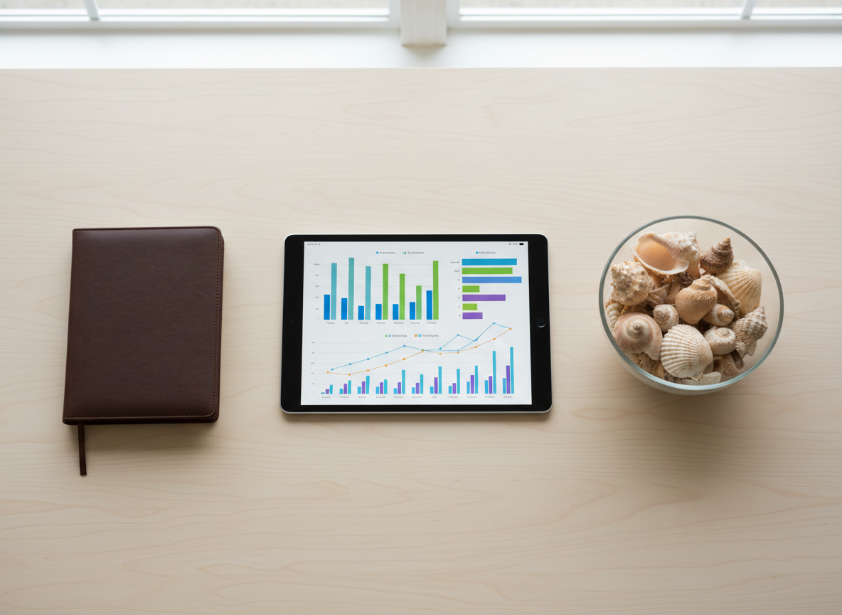 A bright, organized real estate market insights scene on a light wood tabletop, with a sleek tablet displaying abstract, colorful bar and line charts, a closed leather-bound notebook, and a clear glass bowl filled with decorative seashells referencing the Naples coastal lifestyle. A large window out of frame washes the scene with soft, natural daylight, creating subtle reflections on the tablet screen and gentle shadows around each object. Photographic realism, overhead flat-lay composition, sharp focus and clean negative space. The mood is analytical yet approachable, conveying clear, data-driven local market expertise for Esplanade by the Islands without using readable text or human figures.