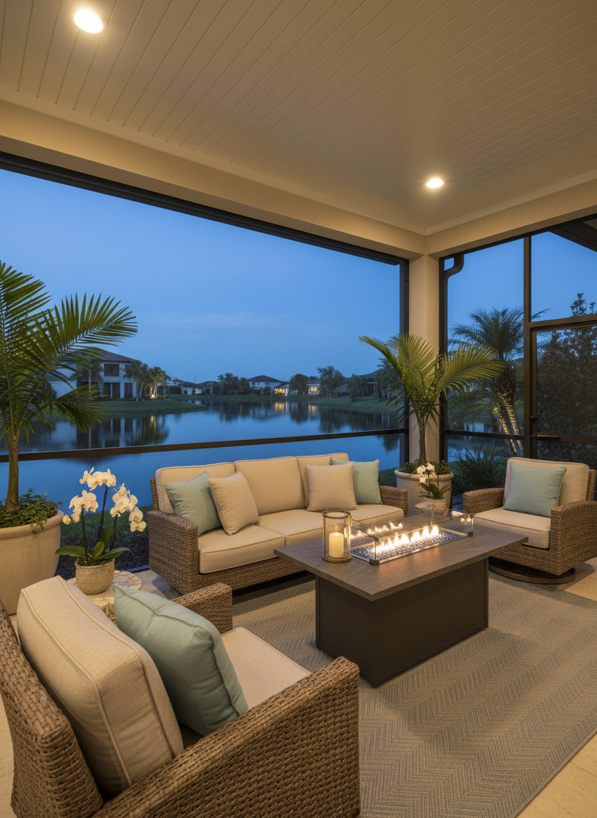 A covered outdoor living lanai in a Naples lakefront home, featuring a cozy seating area with woven rattan-style furniture in neutral tones, accented by soft blue and sand-colored cushions. A low-profile fire table sits at the center, its glass beads subtly catching ambient light. Beyond the screen enclosure, a calm lake and distant homes complete the view. Early evening blue-hour lighting creates a cool, tranquil ambiance, with warm recessed ceiling lights adding a gentle glow overhead. Photographic realism, three-quarter view framing both the seating area and the view, conveying a relaxed yet luxurious indoor-outdoor lifestyle typical of Esplanade by the Islands.