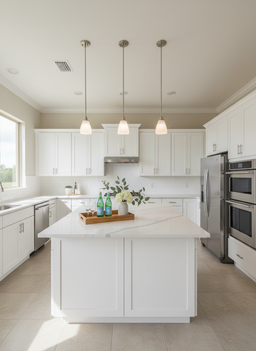 A refined Naples kitchen designed for entertaining, with bright white shaker cabinets, a generous quartz island featuring subtle gray veining, and three minimalist pendant lights with frosted glass shades hanging above. Stainless steel appliances and a clean, subway-tile backsplash add a contemporary touch. A neatly arranged tray with sparkling water, stemless glasses, and a small vase of white flowers sits at one end of the island. Soft midday natural light streams in from a nearby window, creating gentle highlights on the countertops and appliances. Photographic realism, slightly wide-angle shot, balanced composition emphasizing spaciousness and quality finishes in Esplanade by the Islands homes.
