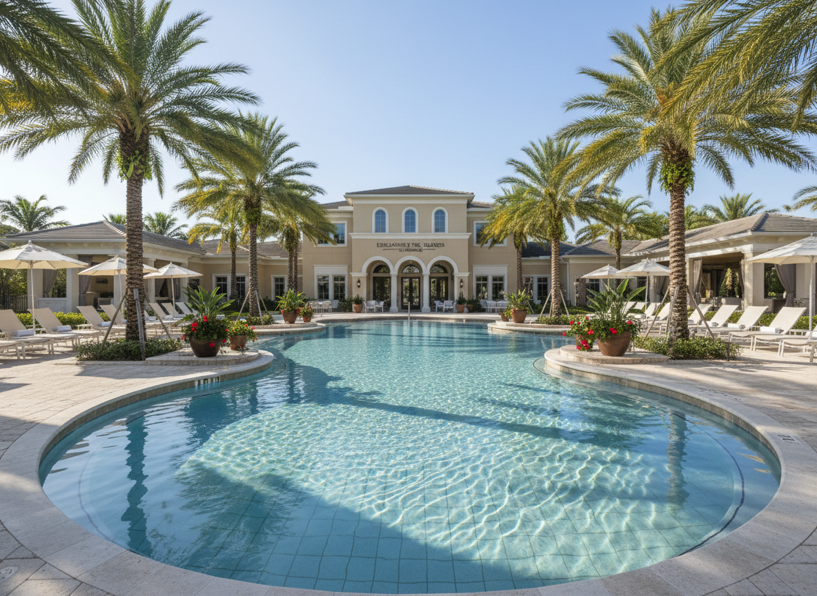 A spacious resort-style pool and clubhouse area in a luxury Naples community, with a large freeform pool edged by natural stone coping, gently curving lounge chairs, and lush tropical plantings. In the background, a tasteful clubhouse building with soft neutral tones and understated architectural details hints at indoor amenities. Late-morning Florida sunlight sparkles on the water’s surface, creating intricate light patterns on the pool floor, while tall palms cast dappled shadows across the deck. Photographic realism, wide-angle view, rule-of-thirds composition emphasizing the inviting water and community lifestyle. The mood is relaxed yet upscale, highlighting the neighborhood amenities of Esplanade by the Islands.