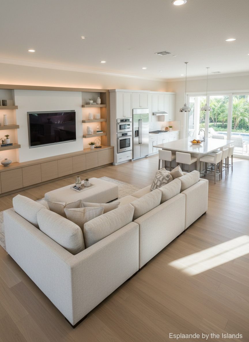 An elegant, open-concept great room in an upscale Naples home, featuring a neutral palette of soft whites, warm beiges, and light gray. A large, plush sectional sofa faces a sleek built-in media wall with floating shelves and subtle accent lighting. Wide-plank light oak flooring runs throughout, leading to a modern gourmet kitchen with quartz countertops and stainless steel appliances in the background. Natural daylight pours in through oversized sliding glass doors, creating gentle reflections on the polished surfaces. Photographic realism, slightly elevated angle, balanced composition with a calm, sophisticated atmosphere, ideal for showcasing interior finishes and livability in Esplanade by the Islands properties.