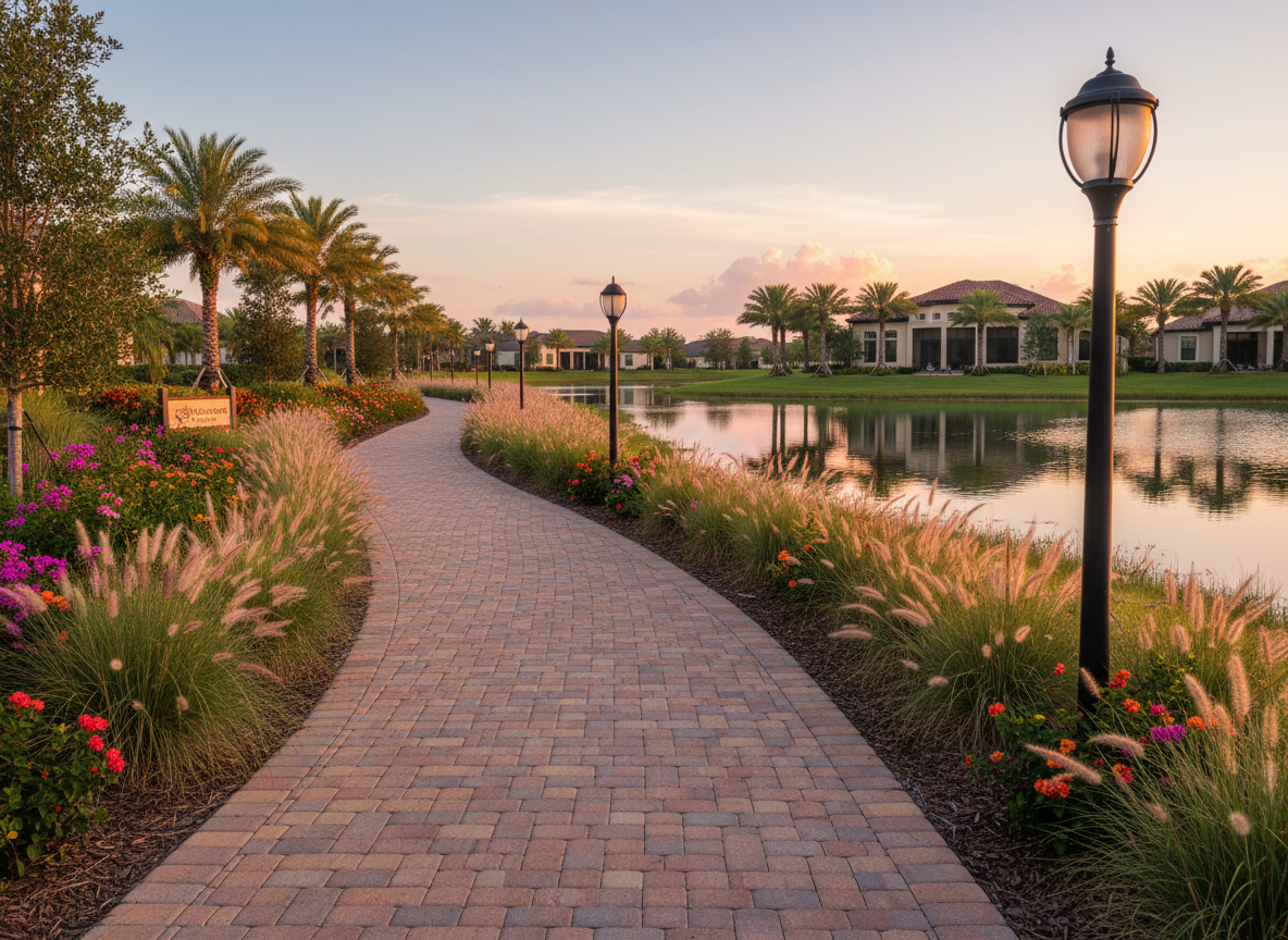 A scenic lakeside walking path within a Naples resort community, with a gently curving brick paver path bordered by lush ornamental grasses, flowering shrubs, and evenly spaced decorative lanterns. The calm lake reflects a pastel evening sky and silhouettes of palm trees and elegant homes set back from the shoreline. Golden hour light provides a warm, tranquil glow, catching the tips of the plants and adding depth to the water’s reflections. Photographic realism, eye-level perspective with leading lines drawing the viewer along the path. The atmosphere is peaceful and community-focused, capturing the lifestyle and neighborhood appeal of Esplanade by the Islands.